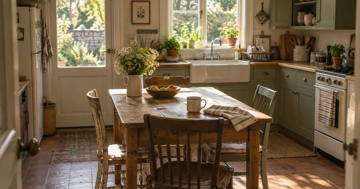 A modest kitchen seen from a doorway, with a worn chair, an enamel cup and afternoon light across the table.