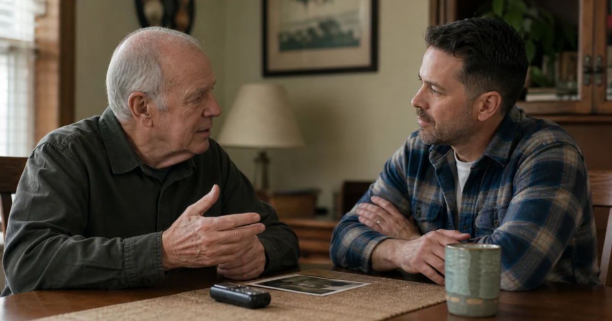 An older veteran in civilian clothes speaks with an adult family member at a home table beside a voice recorder and an unlabeled photograph.