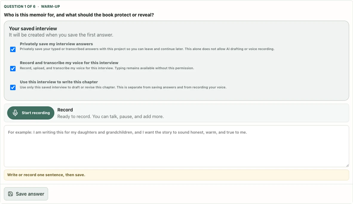 MemoirWell's first guided interview question with separate controls for saving, voice recording, and AI drafting.
