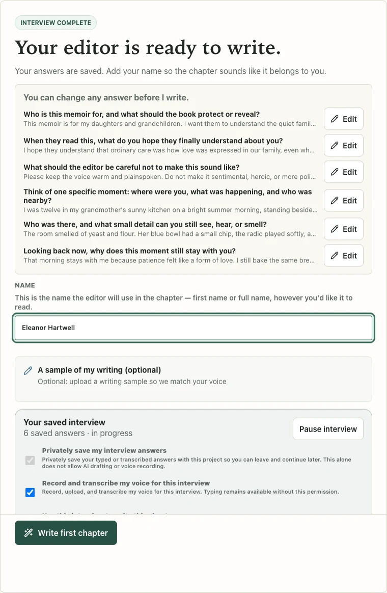 MemoirWell's interview summary showing six editable answers, an author-name field, and the Write first chapter button.