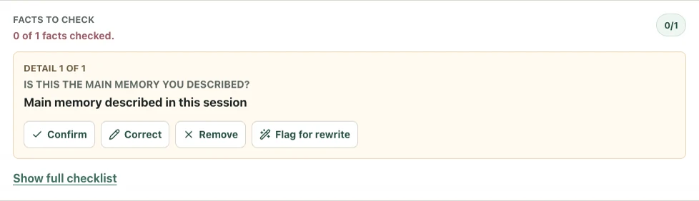MemoirWell's Facts to check panel with Confirm, Correct, Remove, and Flag for rewrite actions.