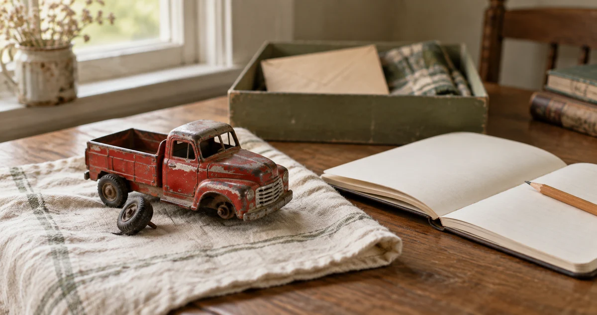 A worn red toy truck and a loose wheel rest beside a blank notebook and pencil on a cream cloth.