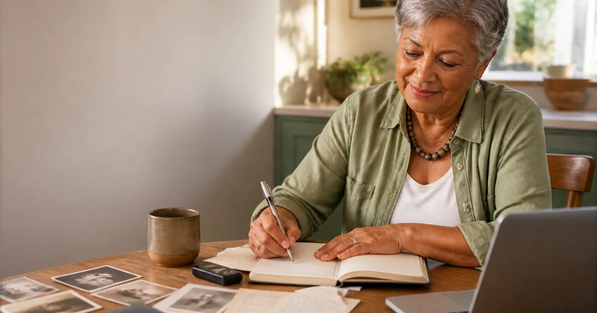 An older adult writes in a notebook beside family photographs and a voice recorder at a kitchen table.