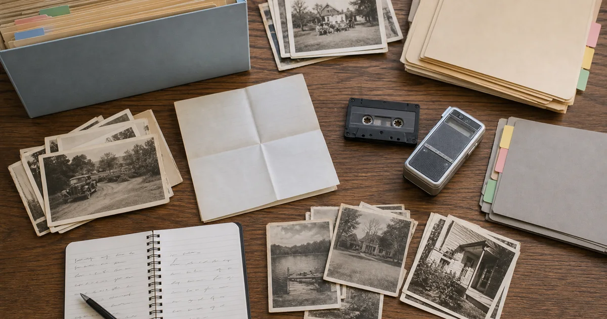 Family photographs, folders, a cassette, a voice recorder, and an inventory notebook arranged on a work table.