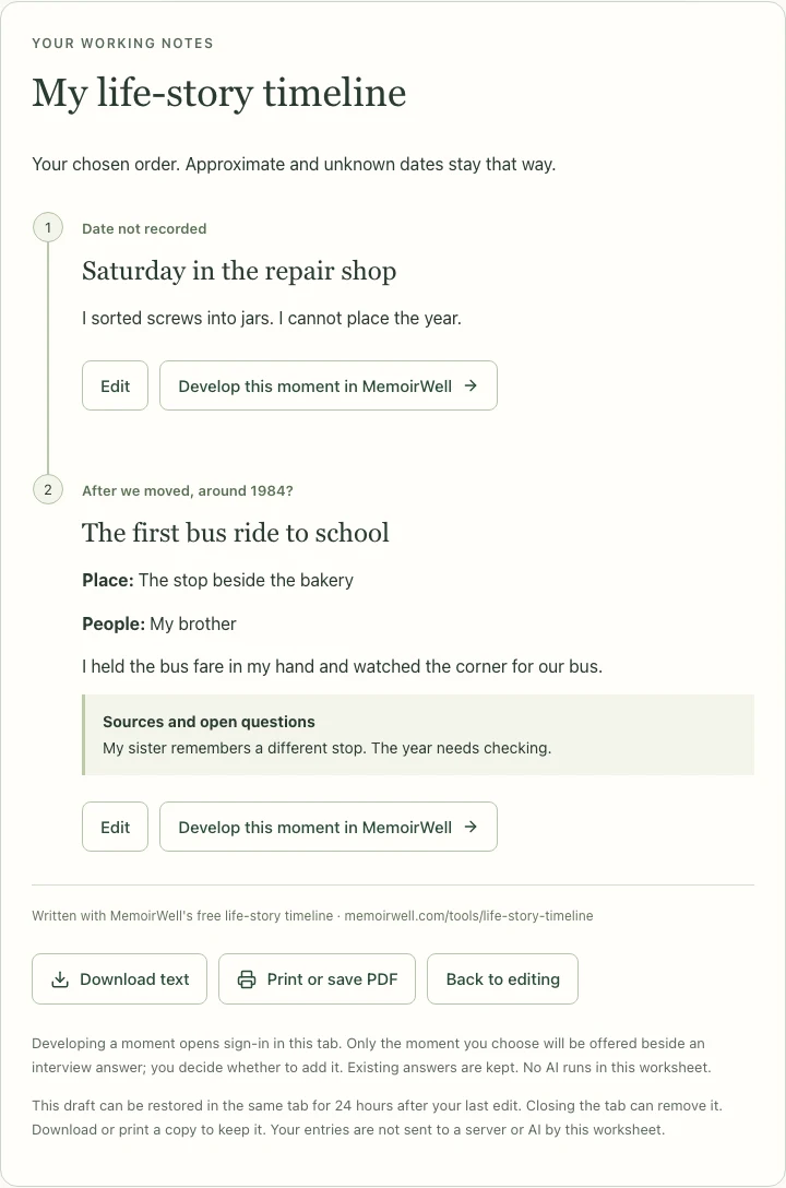 MemoirWell's timeline shows an undated repair-shop memory and an approximately dated school-bus memory, with a conflicting recollection kept in the source note.