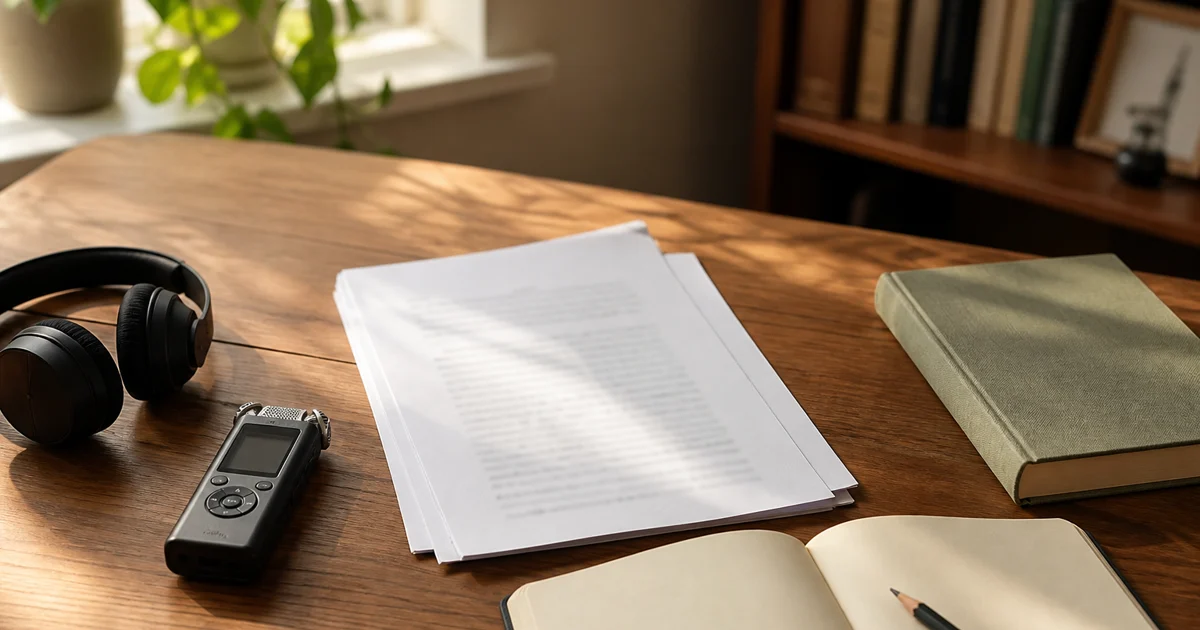 A voice recorder, headphones, edited pages, notebook, and clothbound book arranged on a desk.