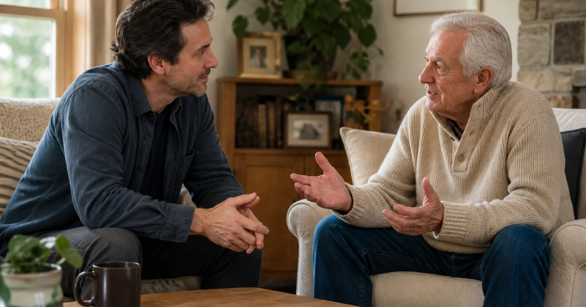 An adult son listens calmly while his older father talks during an unhurried conversation at home.